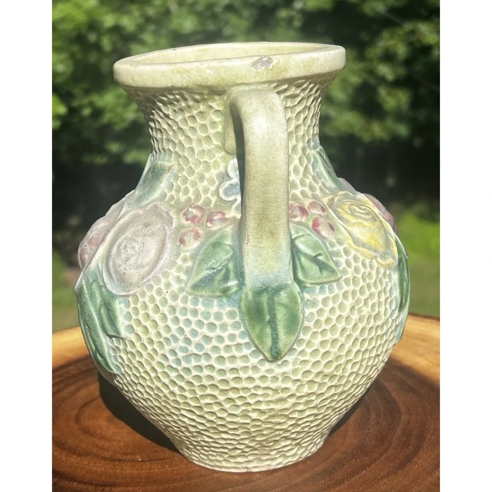 Antique Roseville Rozane Double Handle Roses Floral Art Pottery Vase 6.5